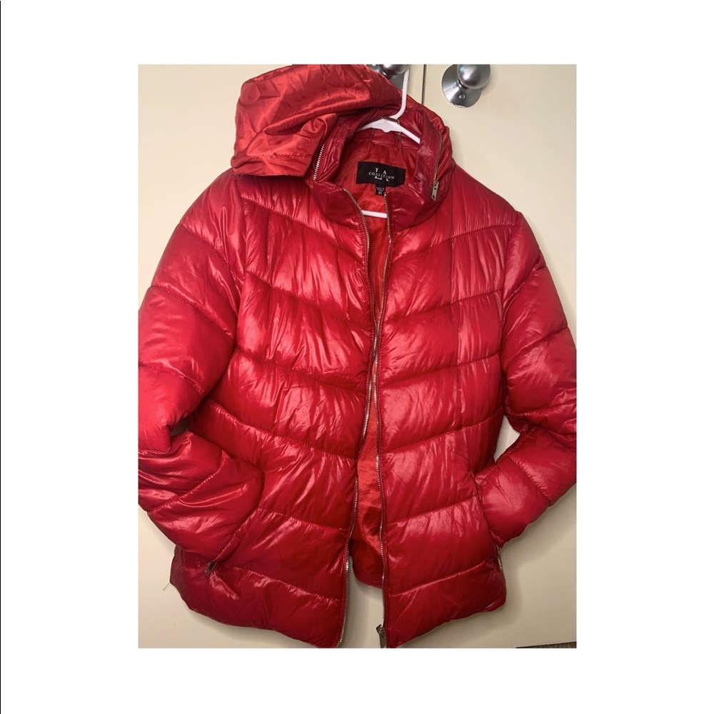 Red puffer jacket